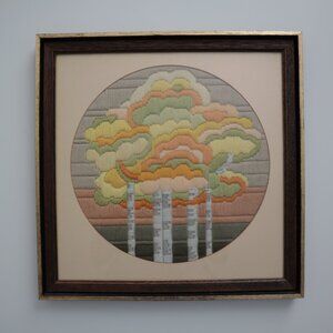 Vintage Framed Needlepoint Embroidery Trees Art